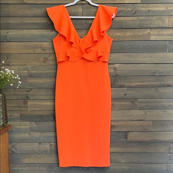 New Antonio Milani Ruffle Sheath Dress Size Medium in Mandarin - Picture 1 of 15